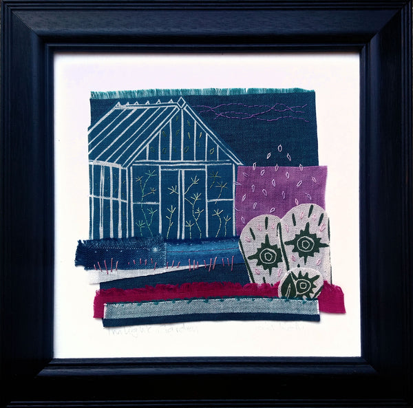 Twilight Garden ~ linen collage, hand stitched embroidery, linocut printed on Irish linen