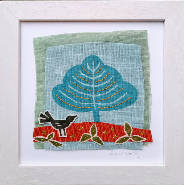 Hand stitched linen collage ~ bird and tree