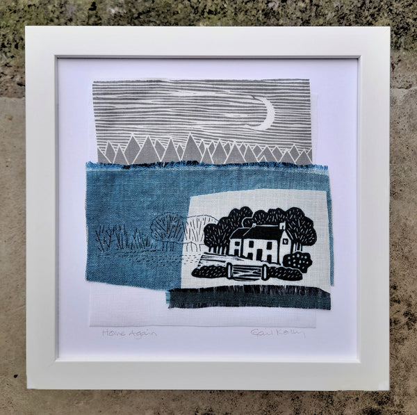 Home Again ~ hand stitched linen collage (winter)