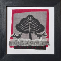 Hand stitched linen collage ~ birds and tree