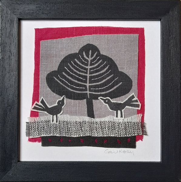 Hand stitched linen collage ~ birds and tree