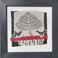 Hand stitched linen collage ~ birds and tree