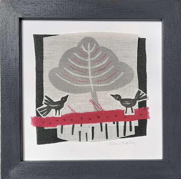 Hand stitched linen collage ~ birds and tree