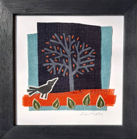 Hand stitched linen collage ~ bird and tree