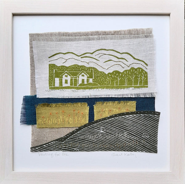 Waiting for Me ~ hand stitched linen collage
