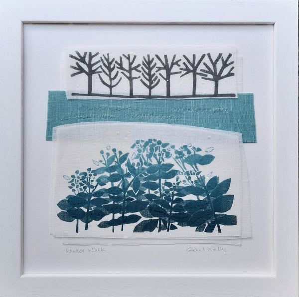 Winter Walk ~ hand stitched linen collage