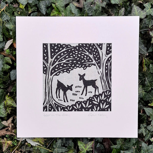 Deer in the Glen ~ linocut printed on linen