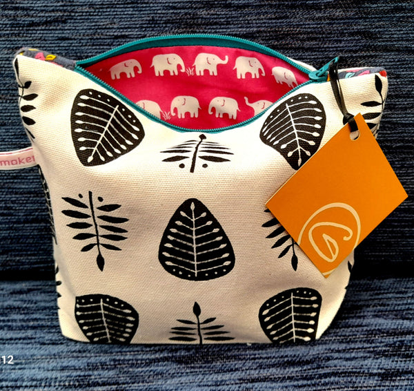 Zip Bag - pink and white elephant lining