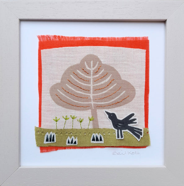 Hand stitched linen collage ~ bird and tree