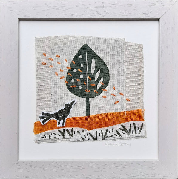 Hand stitched linen collage ~ bird and tree, orange leaves