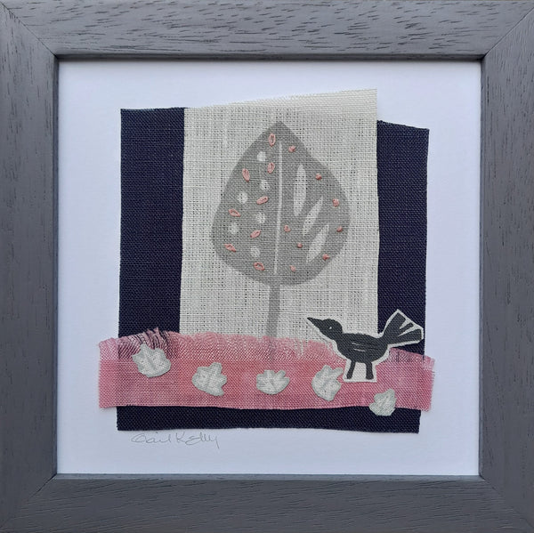 Hand stitched linen collage ~ bird and tree