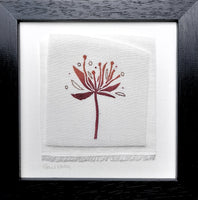 Red flower with seeds ~ hand stitched linen collage