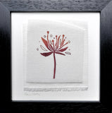 Red flower with seeds ~ hand stitched linen collage