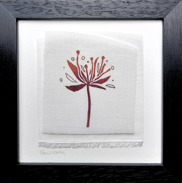 Red flower with seeds ~ hand stitched linen collage