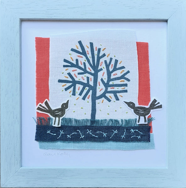 Hand stitched linen collage ~ birds and tree
