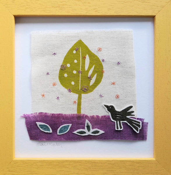 Hand stitched linen collage ~ bird and tree