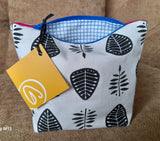 Zip Bag - leaf pattern with blue and white lining lining