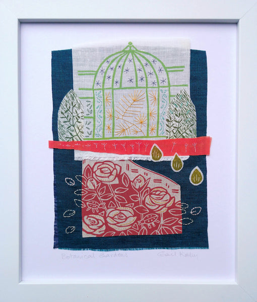 Botanical Gardens ~ linen collage, hand stitched, linocut printed on linen