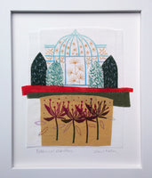 Botanical Gardens ~ linen collage, hand stitched, linocut printed on linen