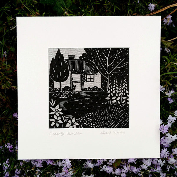 Cottage Garden ~ linocut printed on Irish linen