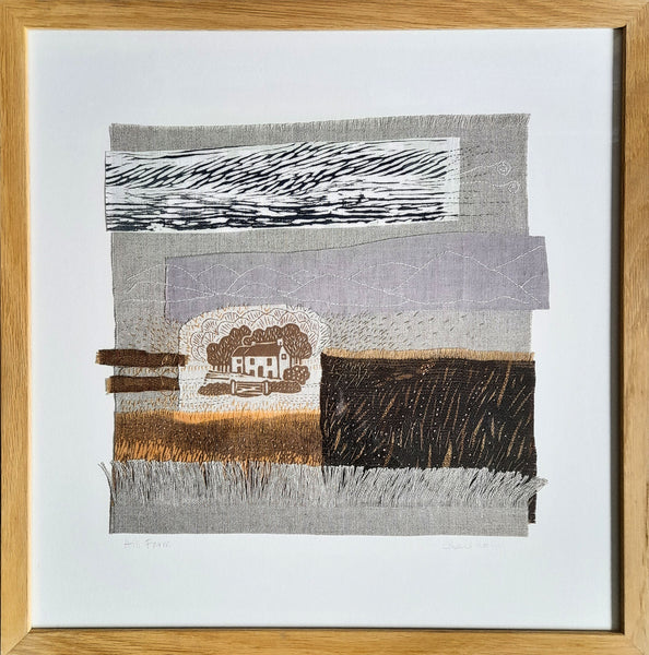Hill Farm ~ linen collage, hand stitched embroidery, linocuts & woodcuts printed on linen