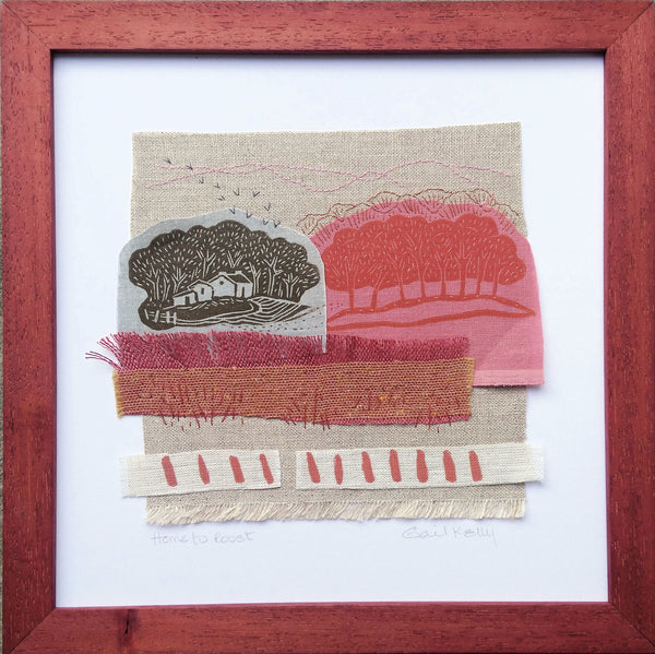 Home to Roost - hand stitched linen collage