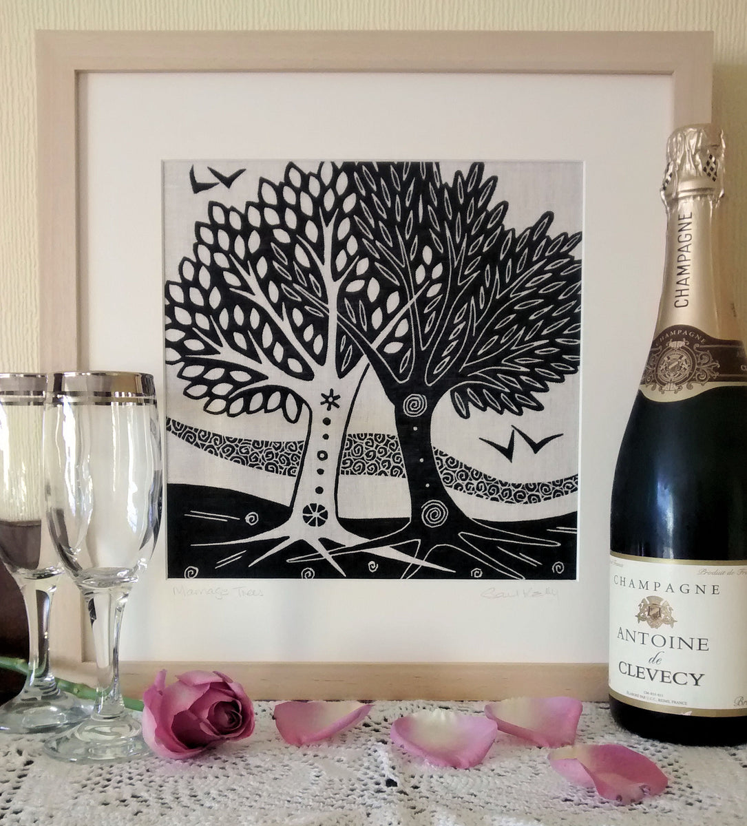 Marriage Trees - linocut printed on Irish linen (large ...