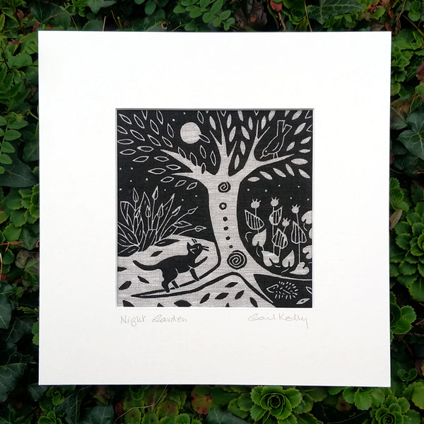 Night Garden ~ linocut printed on linen