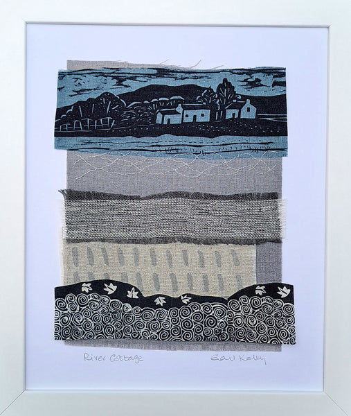 River Cottage ~ hand stitched linen collage