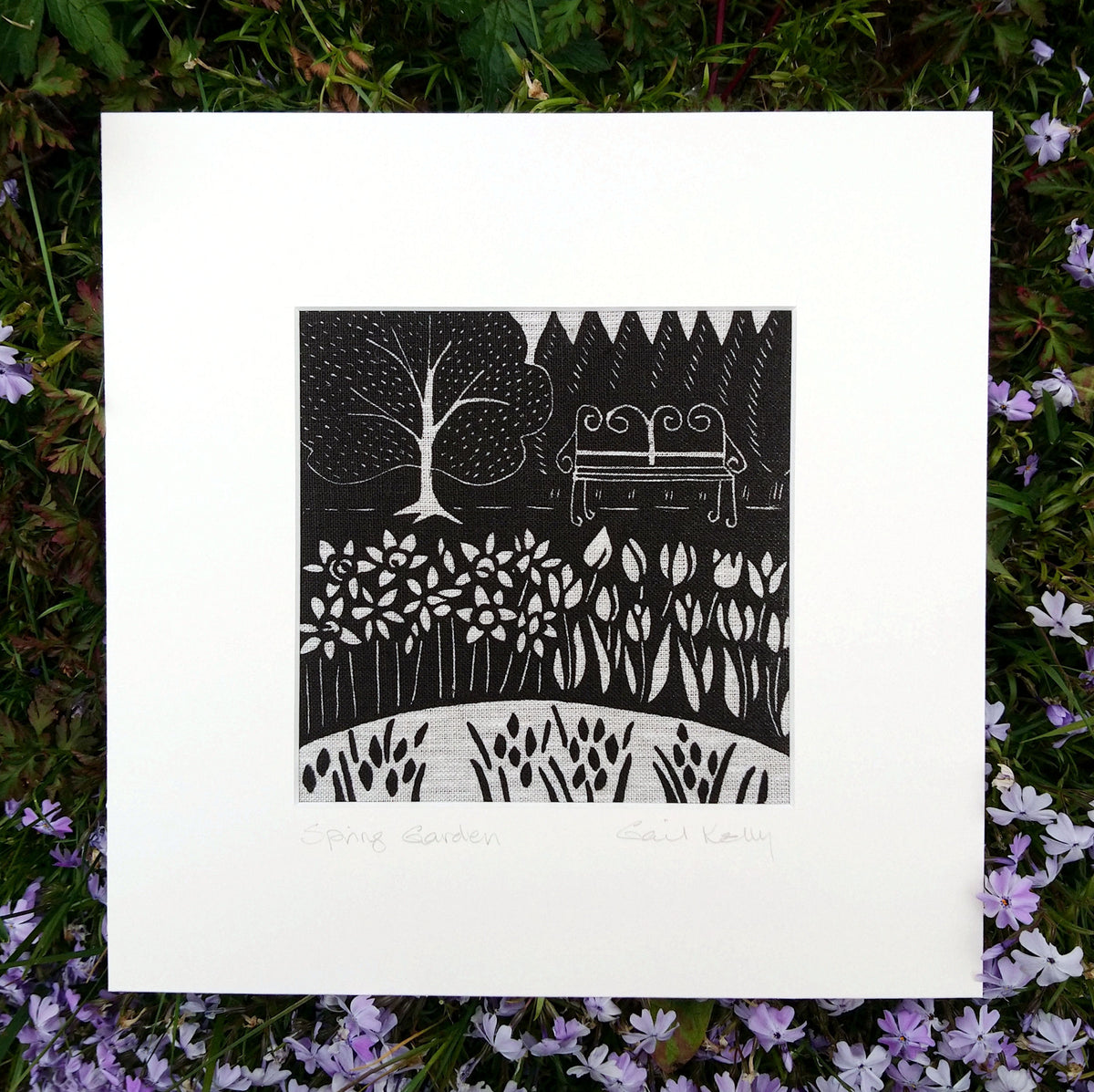 Spring Garden ~ linocut printed on Irish linen – gailkellyprintmaker