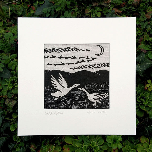 Wild Geese ~ linocut printed on linen