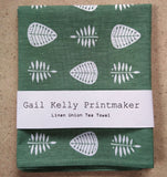 Linen tea towel - sage green and white